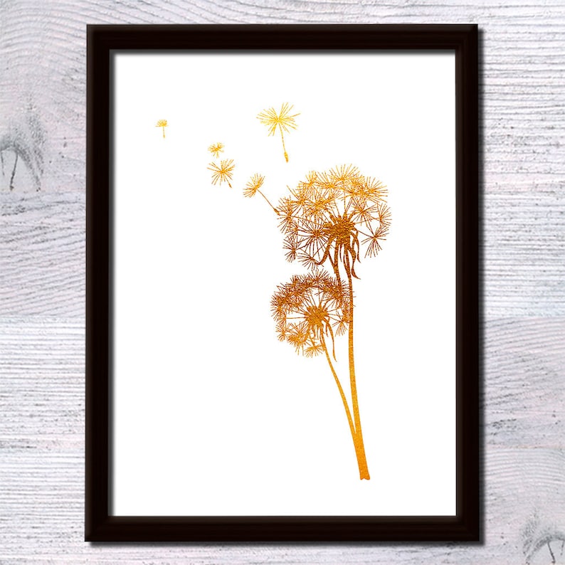 May include: A gold foil print of a dandelion with seeds blowing in the wind. The dandelion is a popular symbol of hope and new beginnings.