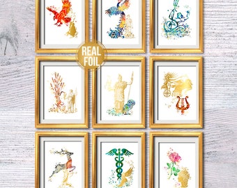 Olympian gods print Set of 9 Greek gods Gold foil art Greek mythology Gods and goddesses Twelve Olympians Ancient Greek myth G516