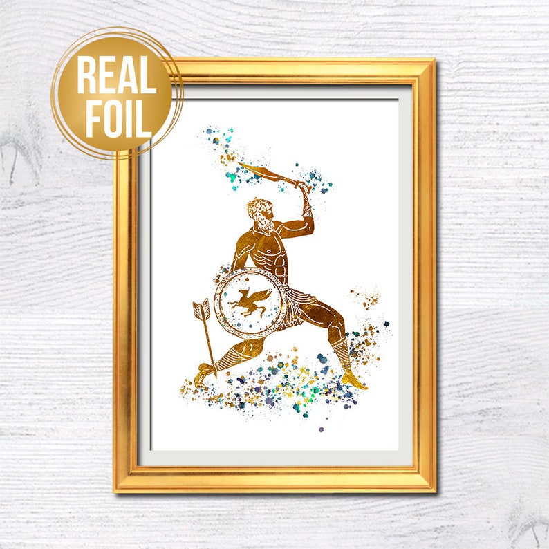 Real gold foil print featuring Achilles, the Greek mythology hero, glowing with metallic shine against a dark background.