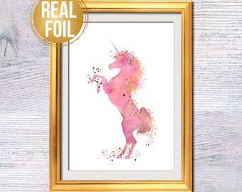 Impresión de unicornio en lámina dorada: decoración infantil de acuarela rosa G46