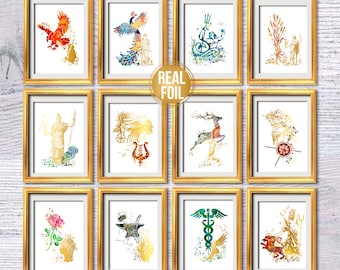 Greek mythology Set of 12 Olympian gods poster Gold foil print Ancient Greek folklore Gods and Goddesses Twelve Olympians Greek gods G515