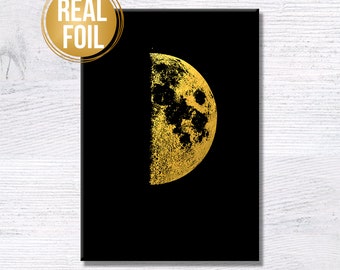 Lunar phase Moon poster Moon phase Real foil art Moon gold foil Luna art Astronomy print Moon phase art Moon wall hanging First quarter G442