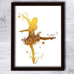 May include: A gold silhouette of a ballerina in a dance pose with a splatter paint effect. The ballerina is wearing a tutu and pointe shoes.