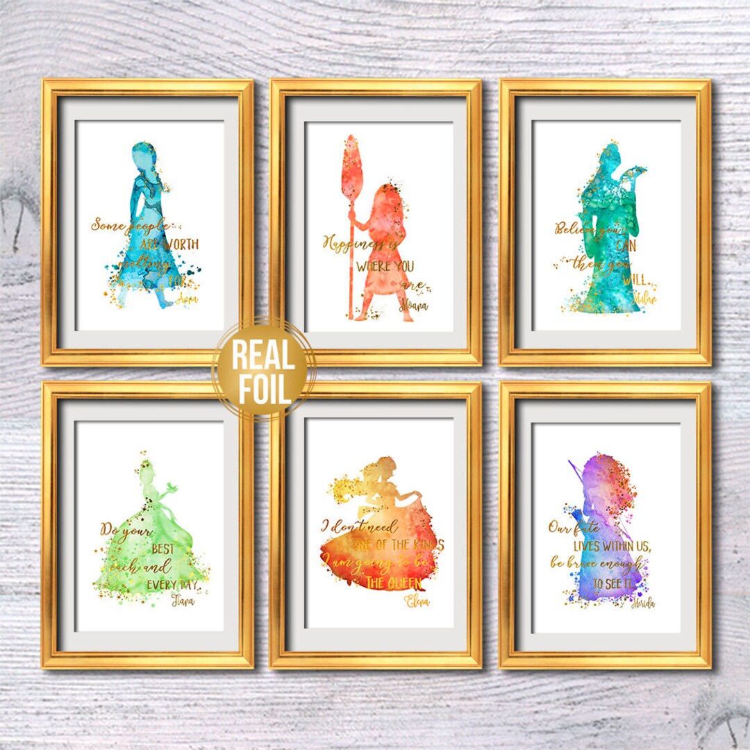 Disney Princess Set of 6 Disney Wall Decor Princess Quote Disney Print