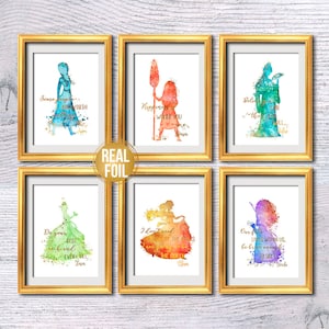 Disney princess Set of 6 Princess quote Disney print Real foil poster Gift for her Nursery wall art inspirational quote Home decor G493