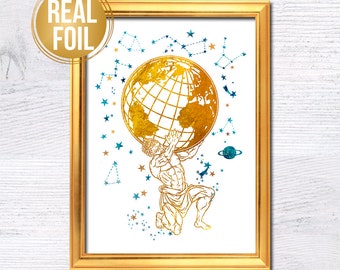 Atlas Greek mythology Titan Atlas Classical art Ancient Greek myth Titan poster Atlas print Real gold art G520