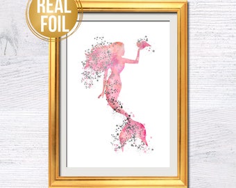 May include: A pink and silver watercolor illustration of a mermaid holding a seashell. The mermaid is silhouetted against a white background.