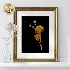 Real foil dandelion art print with sparkling metallic details, elegant botanical wall decor for modern living room or bedroom