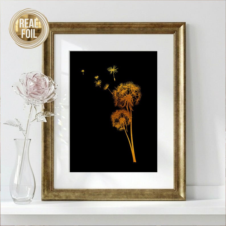 Real foil dandelion art print with sparkling metallic details, elegant botanical wall decor for modern living room or bedroom
