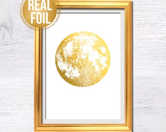 Moon phase Moon print Lunar phase Gold foil Astronomy poster Moon wall art Bedroom decoration Real foil Moon phase art Full moon poster G440