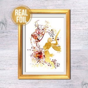 Theseus print Greek mythology Theseus and the Minotaur Greek king Gold foil art Ancient Greek myth Classical art Greek hero G526