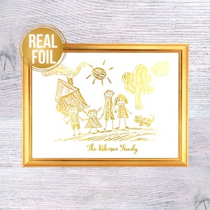 Bambini che disegnano arte regalo personalizzato per la festa del papà stampa in lamina d'oro, regalo dei nonni trasforma il disegno dei tuoi bambini in arte senza cornice G563