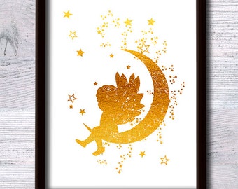 Angel print Angel real foil poster Angel on the moon wall decor Home decoration Kids room wall art Nursery room decor Baby shower gift G133