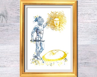 Lámina de Perseo, mitología griega, héroe griego, póster de Perseo, arte en lámina dorada, Perseo y Medusa, mito griego antiguo, arte clásico G521