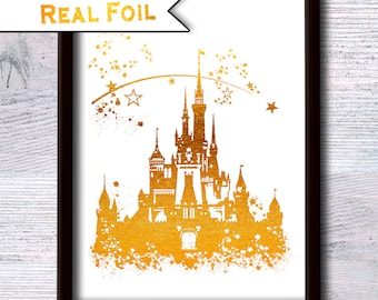 Disney castle print Cinderella castle Real foil print Castle wall decor Gold castle Nursery art Princess castle G197