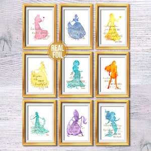 Disney Princess Quotes Set of 9, Real Foil Prints, Magical Fairytale Wall Art, Gold Foil Decor,  Inspirational Princess Gift G434