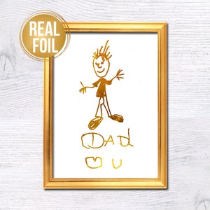 Regalo per la festa del papà Ritratto di mio padre Disegno di bambini Arte Stampa personalizzata in lamina vera Trasforma il disegno dei tuoi bambini in arte Ricordo Senza cornice G566