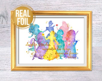 Księżniczki Disneya Cytat Disneya Prawdziwa sztuka z folii Disney Plakat Disney Dekoracja ścienna Księżniczki Wydruk z folii złotej Dekoracja ścienna Disney Folia i kolor Sztuka ścienna G496