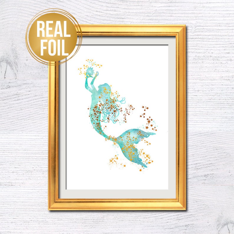 Mermaid Poster Mermaid Wall Decor Mermaid Real Foil Print Etsy