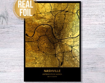 Nashville map Nashville print Geographic map Real foil poster Map print Souvenir Geographic poster Map wall art Office decor Gold foil G483