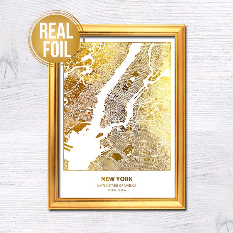 Karte Druck Echtfolie New York Karte Geografisch Dekor | Etsy