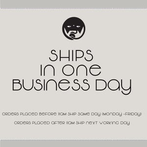 May include: Black and white graphic of a cat with the text "SHIPS in one BUSINESS Day" below. Orders placed before 11am ship same day (Monday-Friday). Orders placed after 11am ship next working day.