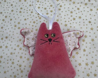 Christmas tree decoration, handmade pink velvet Kitty Angel. Gifts for cat lovers.
