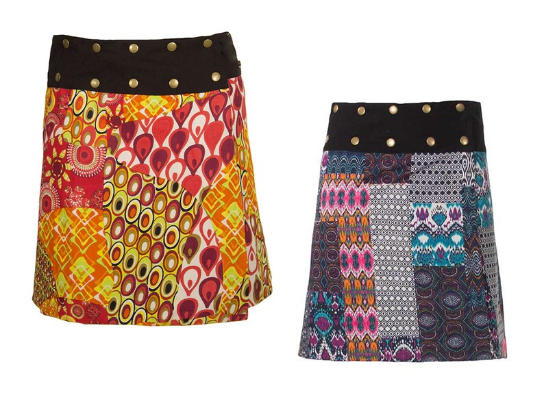 wrapskirt reversible midiskirt S-XXL multicoloured orange multicoloured patchwork ethnic bohemian skirt midi kneelength metalbutton yoga psy