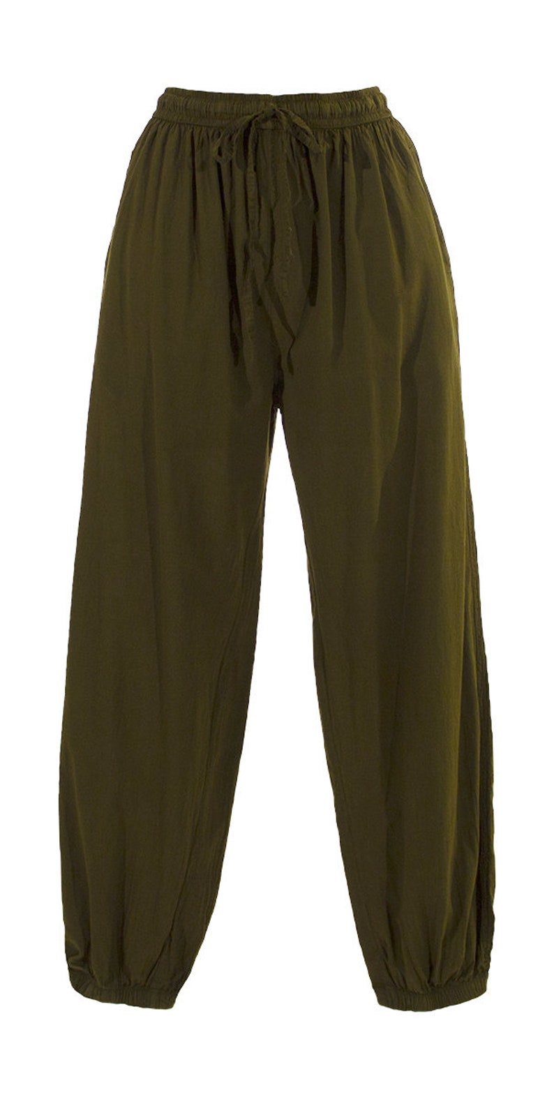 May include: Olive green loose-fitting pants with an elastic waistband and drawstring. The pants have a relaxed fit and are made of a soft, comfortable fabric.