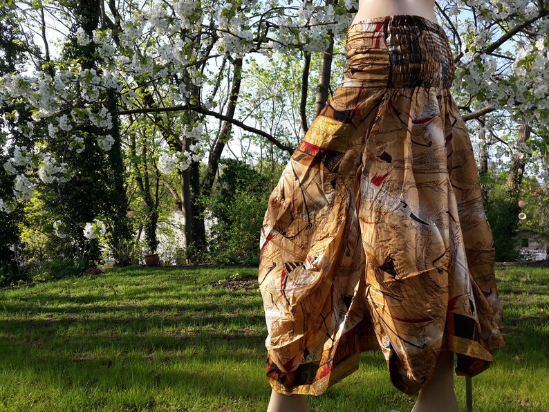 2in1 Sari balloonskirt with pockets dress size S-XL brown nature maxiskirt long wide unique upcycling vintage sarifabric silk indian goa