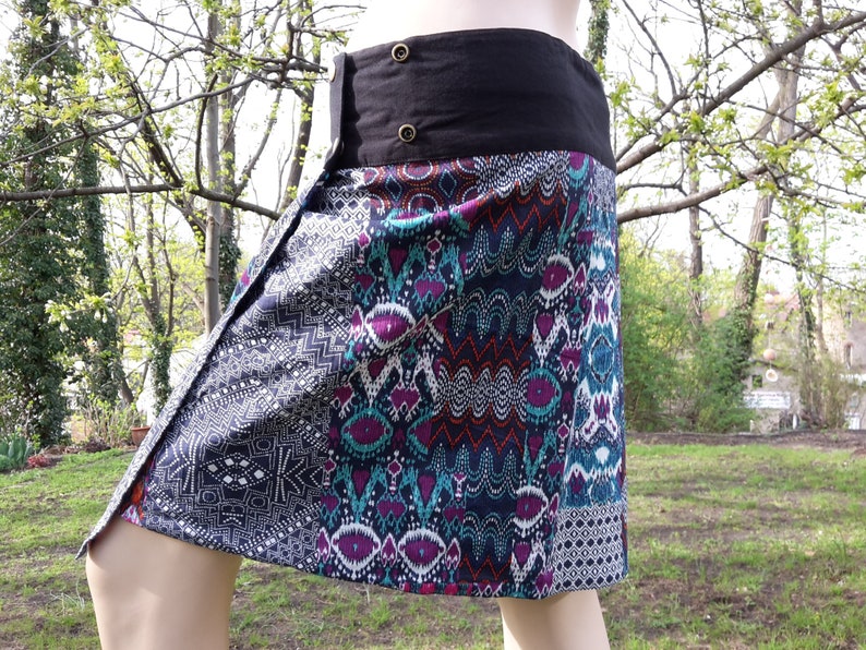 wrapskirt reversible midiskirt S-XXL multicoloured orange multicoloured patchwork ethnic bohemian skirt midi kneelength metalbutton yoga psy