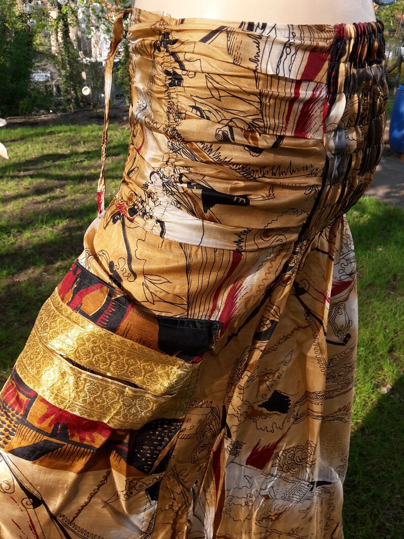 2in1 Sari balloonskirt with pockets dress size S-XL brown nature maxiskirt long wide unique upcycling vintage sarifabric silk indian goa