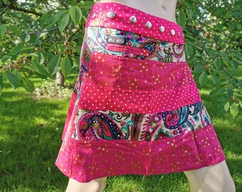 Wickelrock Minirock wendbar Gr. 32-42 pink bunt Paisley Patchwork Boho Ethno mini kurz Baumwolle mit innenliegenden Taschen Druckknöpfe