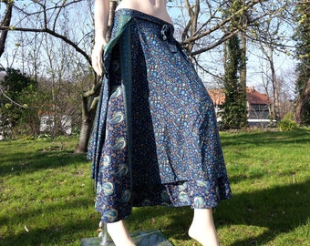 Wickelrock Saristoffe Maxirock blau petrol gemustert Gr. 34 - 40 lang weit schwingend Psy Goa Ethno bohemian Boho