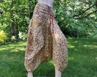 Sari balloonskirt maxiskirt with pockets dress size S-XL beige red 2in1 long wide unique upcycling vintage sarifabric silk indian goa