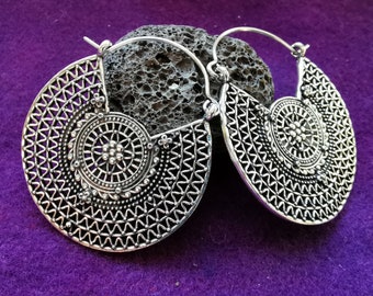 Mandala earrings psy goa tribal "Sun Aura" ethnic bohemian india symbol ear jewellery brass silvercoloured