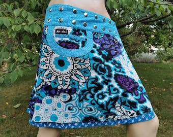 Wrapskirt buttonskirt reversible skirt XS-XL turquoise white multicoloured bohemian ethnic kneelength pocketskirt