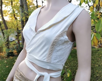wraptop vest women nature light beige size S/M with lace and long binding bands top shirt psy goa ethnic bohemian yogini