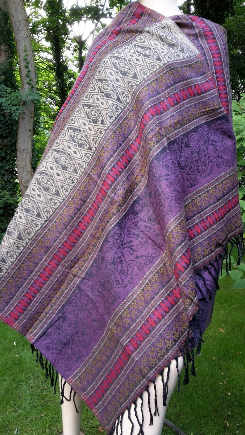 wrap shawl scarf blanket plaid stole ethnic patterned warm big purple blue nature multicoloured bohemian image 5