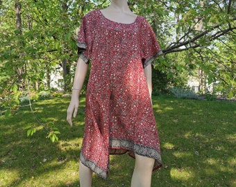 Tunika Kleid Saristoffe S/M oder L/XL Damen kurzer halber Arm Ethno Boho weit lässig bequem Sommerkleid Kurta vegan rot