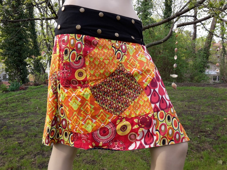 wrapskirt reversible midiskirt S-XXL multicoloured orange multicoloured patchwork ethnic bohemian skirt midi kneelength metalbutton yoga psy