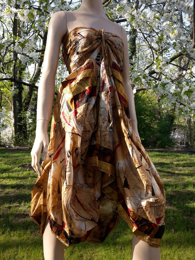 2in1 Sari balloonskirt with pockets dress size S-XL brown nature maxiskirt long wide unique upcycling vintage sarifabric silk indian goa
