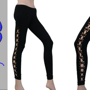 Könnte beinhalten: Schwarze Leggings mit floralem Cut-Out-Design an den Seiten.