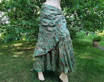 Wrap skirt tiered skirt Flamenco size 36 38 40 42 44 skirt long wide Psy Goa Gipsy Ethno silk sari sari fabric green emerald brown