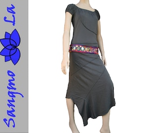 Kleid mit asymmetrischem Rockteil Gipsykleid Gr. S/M dehnbare Baumwolle Goa Gipsy Boho lang grau Ethnokleid Hippiekleid