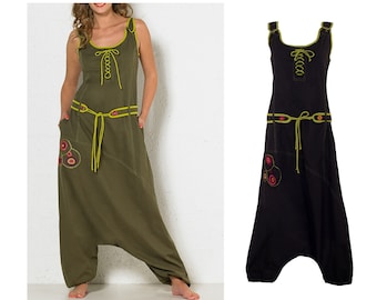 Latzhose Haremshose Overall Jumpsuit Gr. S/M olive schwarz hippie gipsy psy goa ethno boho weit lang