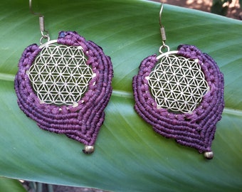 Makramee Ohrringe Ohrhänger flower of life Psy Goa Ethno Boho Gipsy Hippie Lebensblume Schöpfung Symbol beere messing