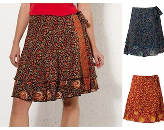 Sari Wickelrock XS-XL midi knielang wendbar geblümt paisley Psy Goa Ethno Boho schwarz rot blau vegan