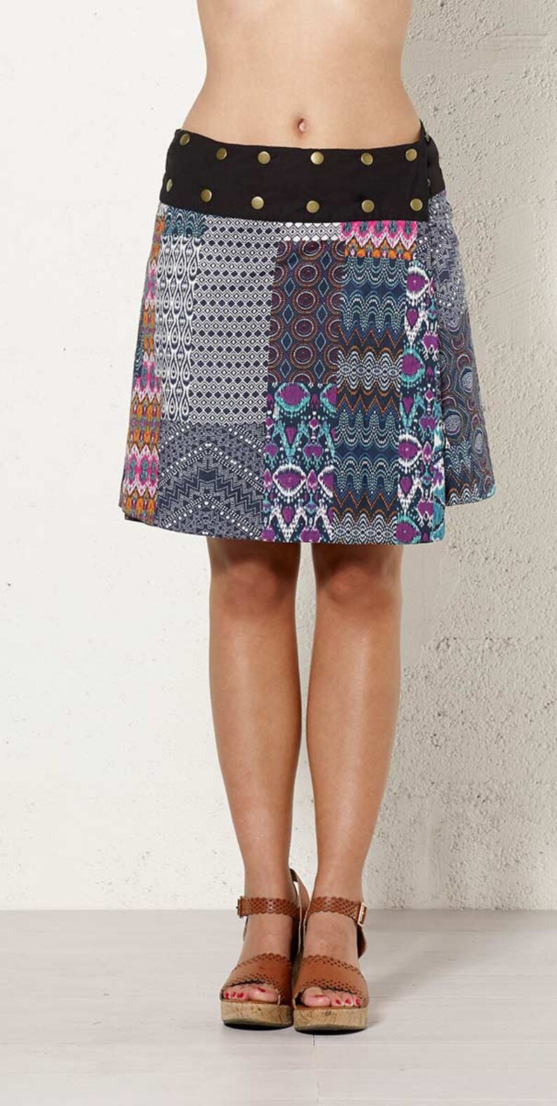 wrapskirt reversible midiskirt S-XXL multicoloured orange multicoloured patchwork ethnic bohemian skirt midi kneelength metalbutton yoga psy