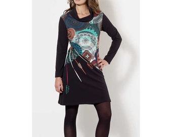 Dress black multicoloured ethnic longarm long sleeve little black gipsy fairy mandala